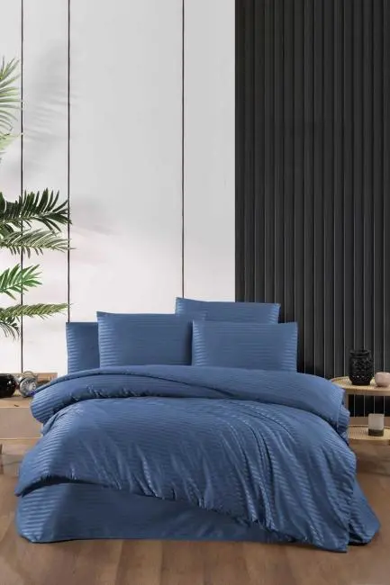 Stripe Saten Line Çift Kişilik Nevresim Takımı  İndigo