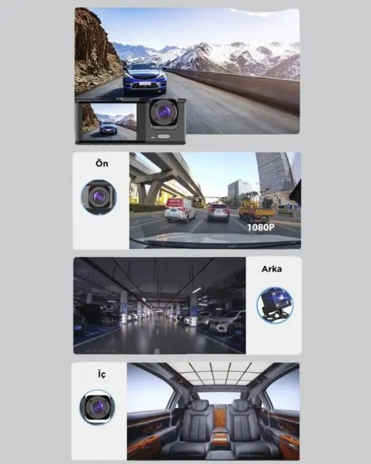 3 Kameralı Araç İçi Kayıt Cihazı  Suya ve Toza Dayanıklı Tasarım