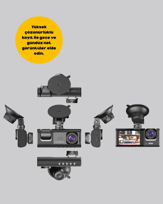 Üç Kameralı Araç Kamerası | Full HD 1080P Ön + HD İç/Arka