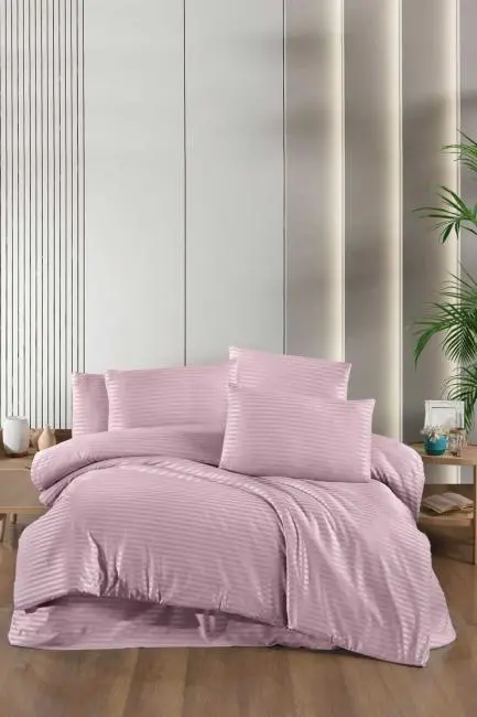 Stripe Saten Line Çift Kişilik Nevresim Takımı Pudra