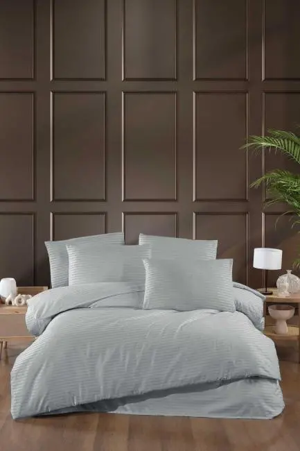 Stripe Saten Line Çift Kişilik Nevresim Takımı Gri