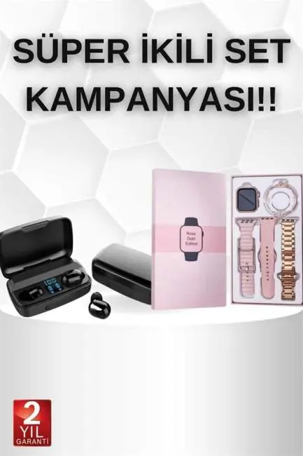 Wireless Şarjlı Pembe Akıllı Saat ve Kablosuz Bluetooth Kulaklık Dokunmatik Kontrol