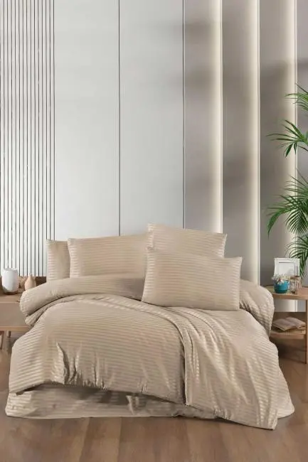 Stripe Saten Line Çift Kişilik Nevresim Takımı Bej