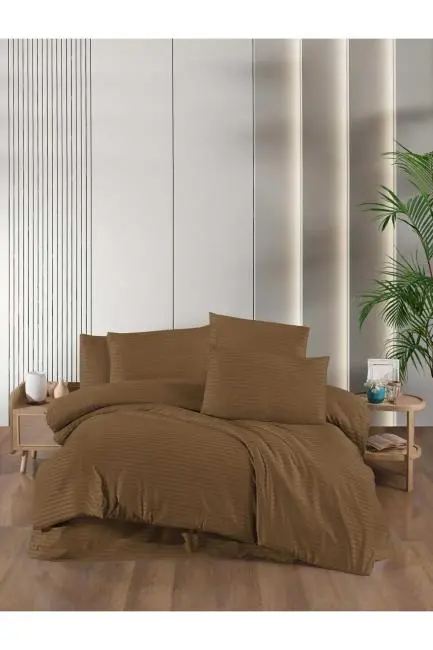 Stripe Saten Line Çift Kişilik Nevresim Takımı Kapiçino