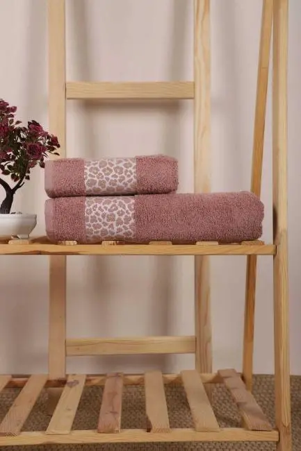 2 Parça %100 Pamuklu Banyo Havlu Seti Leopar Desen Mürdüm