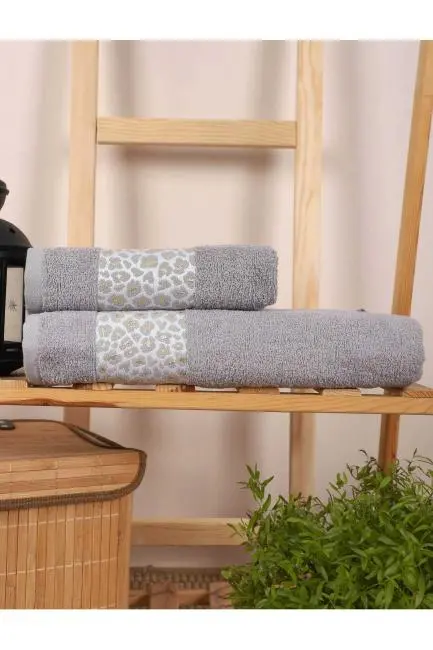 2 Parça %100 Pamuklu Banyo Havlu Seti Leopar Desen Gri
