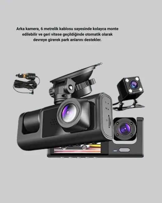 Üç Kameralı Araç DVR Full HD Gece Görüşlü ve 2 inç IPS Ekranlı