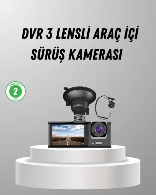 Üç Kameralı Araç DVR Full HD Gece Görüşlü ve 2 inç IPS Ekranlı