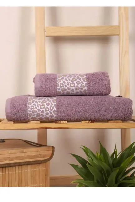 2 Parça %100 Pamuklu Banyo Havlu Seti Leopar Desen Mor
