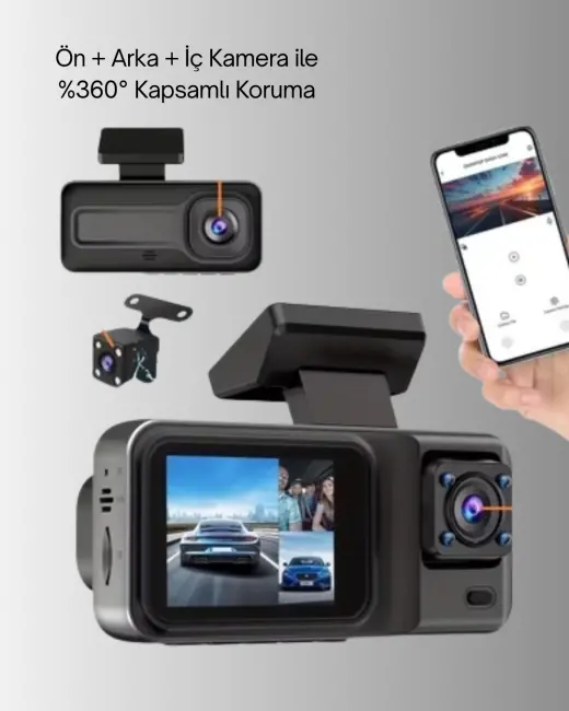 Ön Arka ve İç Kamera DashCam 360° Kapsamlı Full HD Araç Güvenlik Sistemi