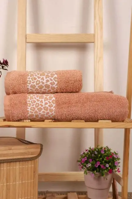 2 Parça %100 Pamuklu Banyo Havlu Seti Leopar Desen Kahve