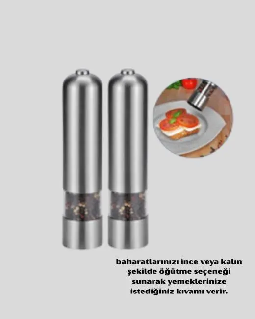 Modern Otomatik Baharat Öğütücü Seti – Pilli Paslanmaz Çelik LED Aydınlatmalı