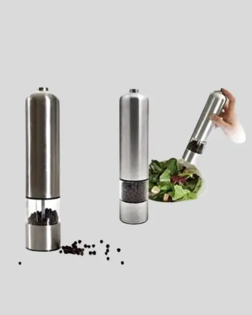 Modern Otomatik Baharat Öğütücü Seti – Pilli Paslanmaz Çelik LED Aydınlatmalı