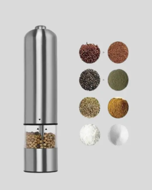 Modern Otomatik Baharat Öğütücü Seti – Pilli Paslanmaz Çelik LED Aydınlatmalı
