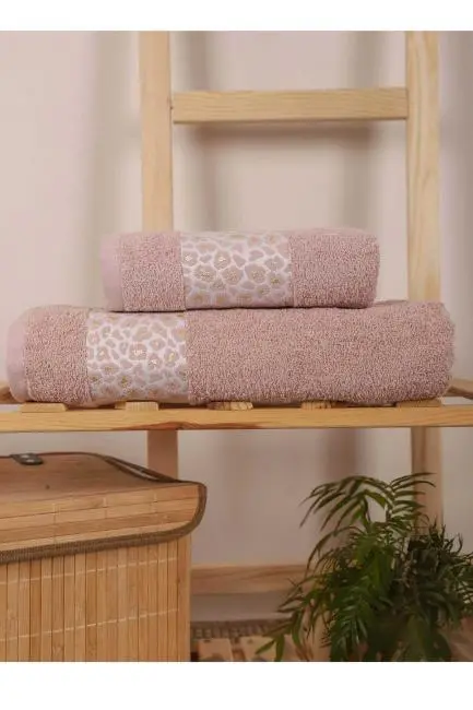 2 Parça %100 Pamuklu Banyo Havlu Seti Leopar Desen Pudra