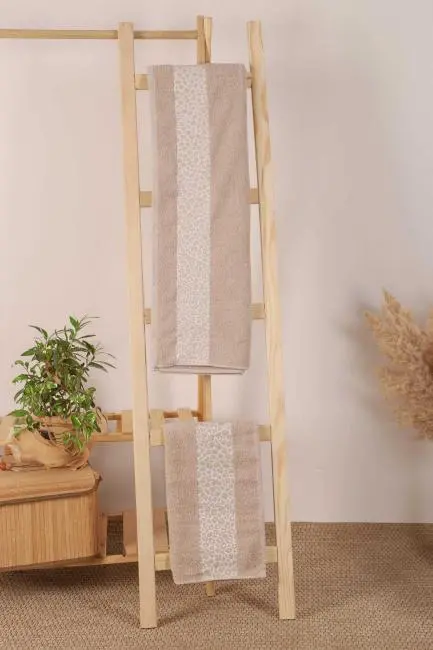 2 Parça %100 Pamuklu Banyo Havlu Seti Leopar Desen Bej