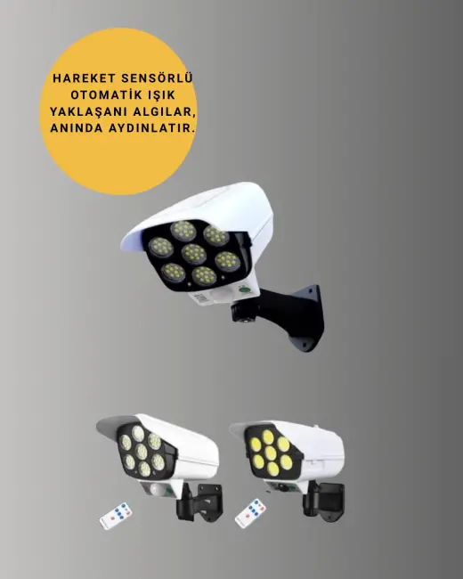 Güneş Enerjili LED Lamba + Güvenlik Kamerası Görünümlü– 5-8 m Hareket Algılamalı Beyaz Işık