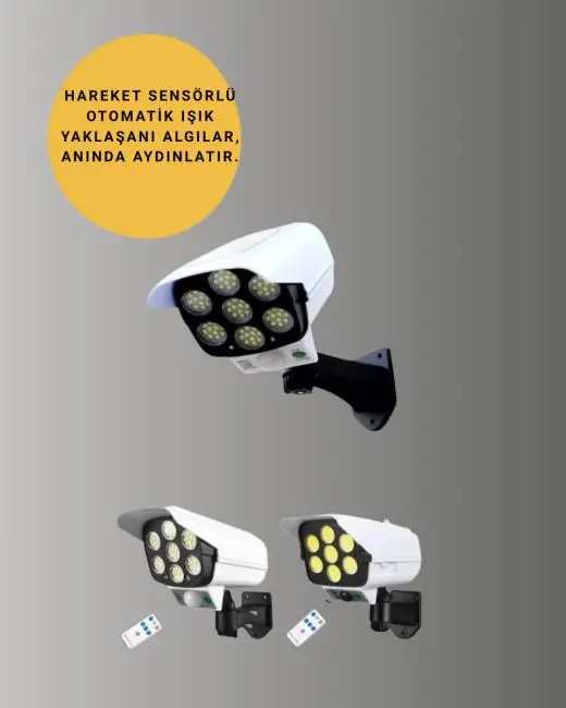 Güneş Enerjili LED Lamba + Güvenlik Kamerası Görünümlü– 5-8 m Hareket Algılamalı Beyaz Işık