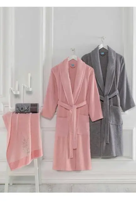 4 Parça Aile Bornoz Seti Kadın Erkek Havlulu Bornoz Takımı Pembe Gri