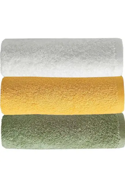 3 lü Düz Renk El Yüz Havlu Seti %100 Pamuklu 50x90 Cm Yeşil Sarı Beyaz