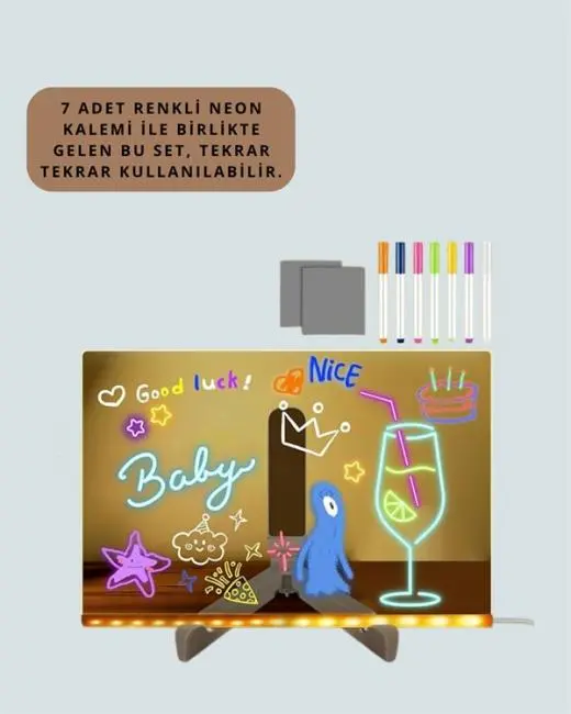 LED Aydınlatmalı Şeffaf Mesaj Tahtası – 30x20 cm Neon Etkili Yazılar İçin Tasarlandı