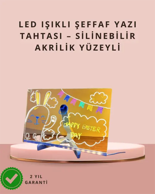 LED Işıklı Şeffaf Yazı Tahtası – Neon Etkili Akrilik Pano Silinebilir 7 Renkli Kalemli 30x20 cm