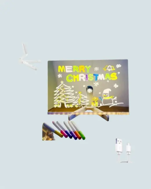 LED Işıklı Şeffaf Yazı Tahtası – Neon Etkili Akrilik Pano Silinebilir 7 Renkli Kalemli 30x20 cm