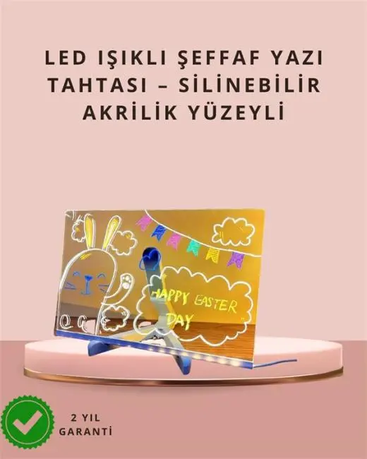 LED Işıklı Şeffaf Yazı Tahtası – Neon Etkili Akrilik Pano Silinebilir 7 Renkli Kalemli 30x20 cm