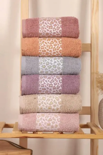6 lı %100 Pamuklu El Yüz Havlu Seti Renkli Leopar Desen 50x90 Cm