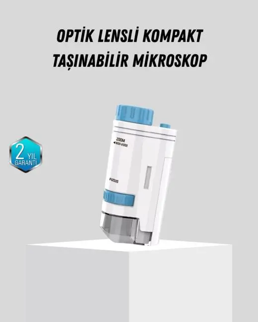Taşınabilir Mini Mikroskop LED Işıklı 80X–200X Büyütmeli ve Odak Ayarlı