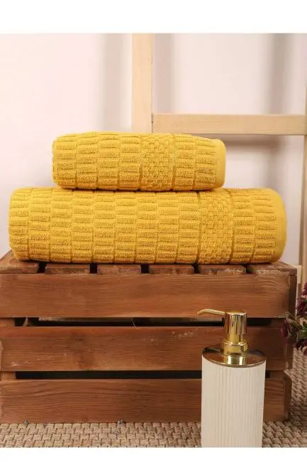 2 Parça Banyo Havlu Takımı %100 Pamuklu Çubuk Desen Sarı