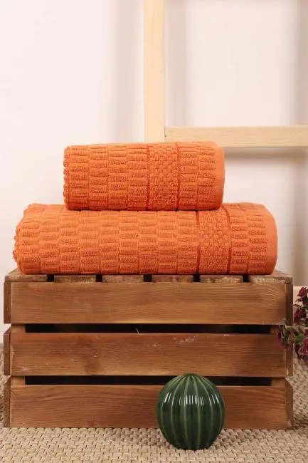 2 Parça Banyo Havlu Takımı %100 Pamuklu Çubuk Desen Turuncu