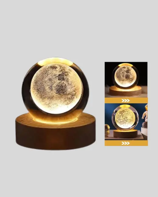 8 cm Ay Desenli Kristal Küre Sıcak LED Işıklı Ahşap Tabanlı Oda Lambası