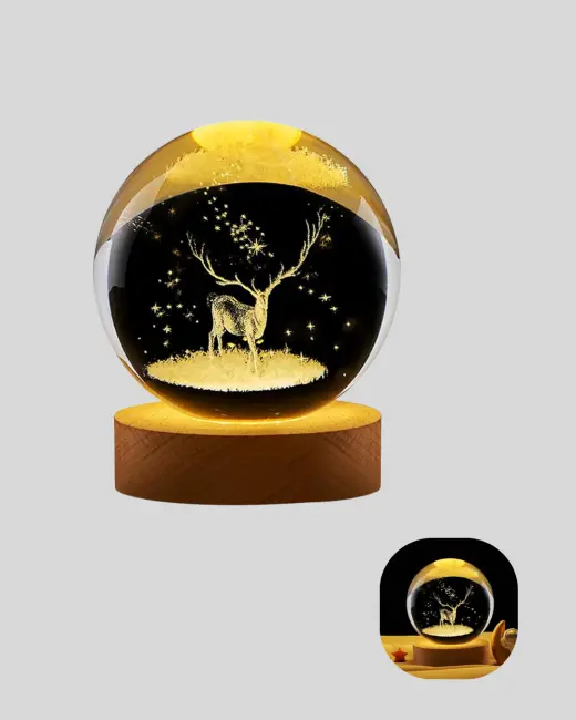 USB Bağlantılı Geyik Temalı Kristal Küre Premium Masa Gece Lambası
