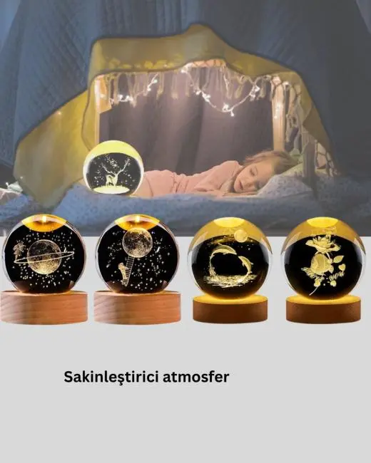 LED Işıklı Geyikli Kristal Küre Ahşap Standlı Modern Dekor Lamba