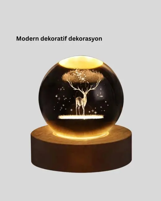 LED Işıklı Geyikli Kristal Küre Ahşap Standlı Modern Dekor Lamba