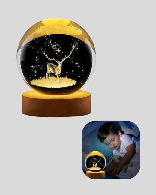 3D Geyik Desenli Kristal Küre USB Işıklı Ahşap Tabanlı Oda Lambası