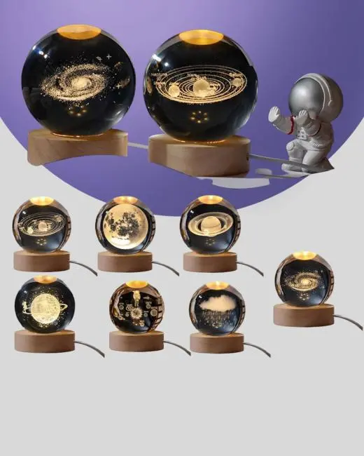 3D Lazer İşlemeli Galaksi Küre USB LED Ahşap Standlı Oda Gece Lambası