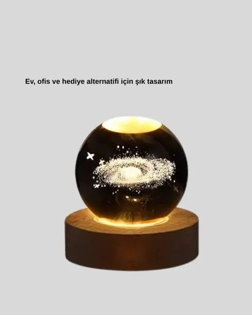 USB Bağlantılı Samanyolu Galaksi Küre Ahşap Standlı 3D Işıklı Dekor Lambası