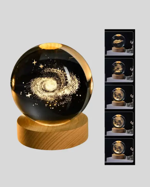 Gün Işığı LED’li 3D Kristal Galaksi Küre Ahşap Tabanlı Dekoratif Lamba