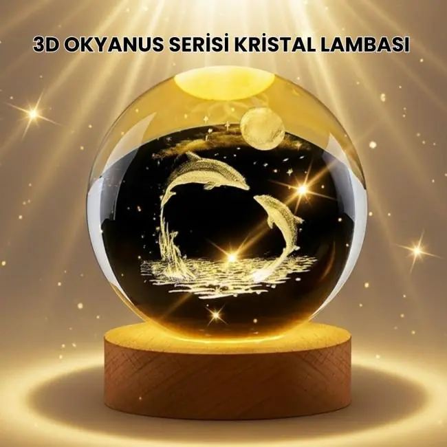 Lazer İşlemeli Yunus Kristal Küre Sıcak Işıklı Ahşap Standlı