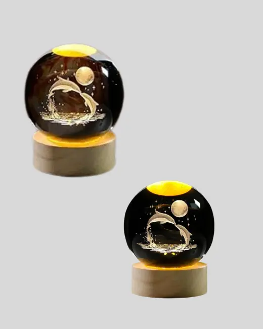 3D Yunus Desenli Kristal Küre Ahşap Tabanlı Işıklı Dekor Objesi