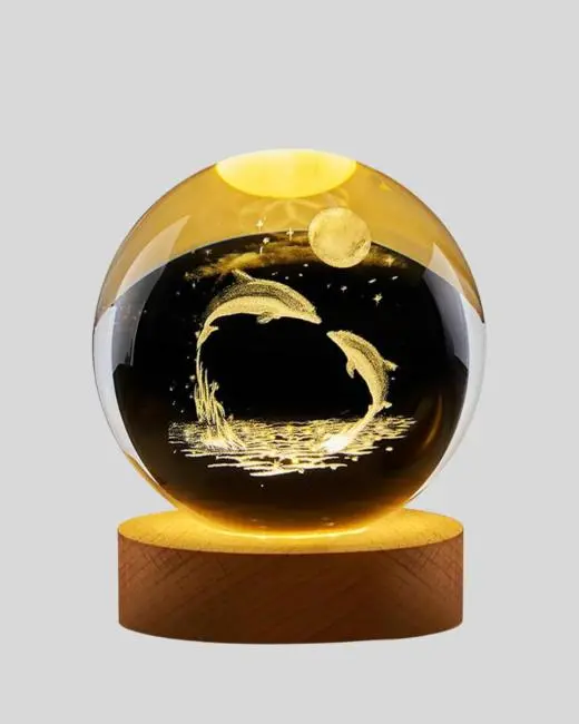 3D Yunus Desenli Kristal Küre Ahşap Tabanlı Işıklı Dekor Objesi