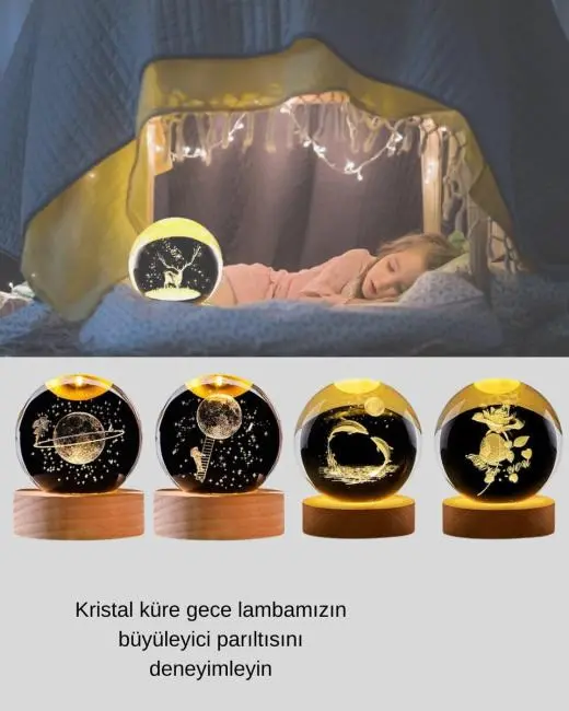3D Yunus Desenli Kristal Küre Ahşap Tabanlı Işıklı Dekor Objesi