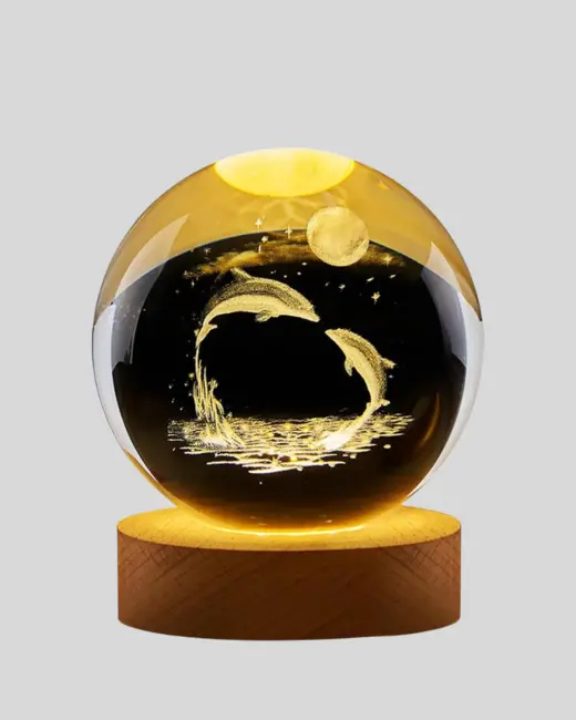 3D Yunus Desenli Kristal Küre Ahşap Tabanlı Işıklı Dekor Objesi