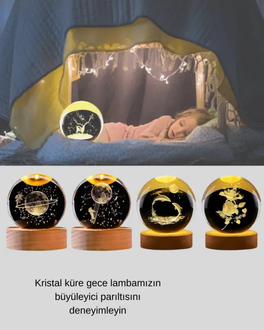 3D Yunus Desenli Kristal Küre Ahşap Tabanlı Işıklı Dekor Objesi