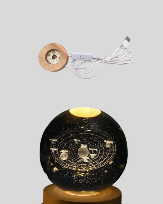USB Bağlantılı Işıklı Kristal Küre Modern Ahşap Tabanlı Dekor