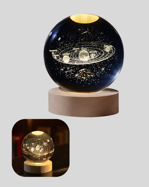 Dekoratif LED Kristal Küre Ahşap Altlıklı Şık Gece Lambası