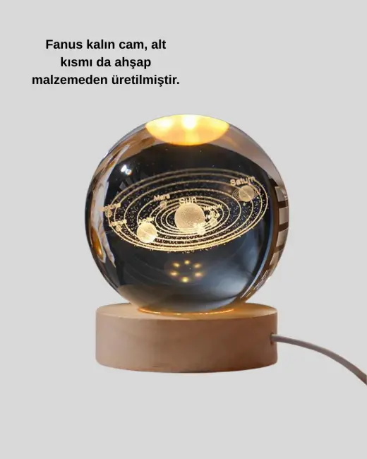 Kristal Gezegen Küre Ahşap Tabanlı USB Işıklı Gece Lambası