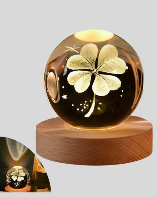 Bitki Temalı LED Işıklı Cam Küre Ahşap Standlı Modern Gece Lambası